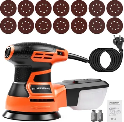 Produktbild von Elektrischer Exzenterschleifer 350W, 125mm Schleifmaschine für Holz, 6000-13000 U/min, mit 14 Schleifblättern & Staubfangbox, ideal für Holzbearbeitun
