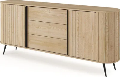 A light wood sideboard with three drawers and two sliding doors, set against a white background.