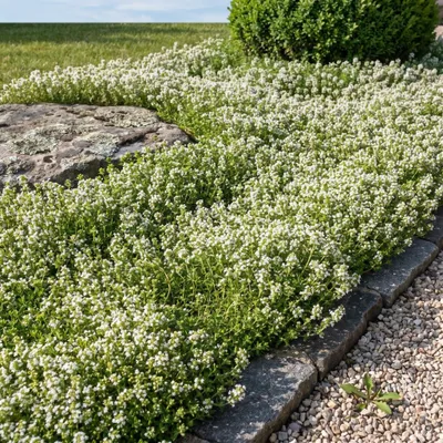 Produktbild von Stauden Gänge 100 x Thymus praecox 'Albiflorus' im 9 x 9 cm Topf - Weißer Polsterthymian - Kriechender Thymian für sonnige Wege und Fugen - Winterhart bis -20 °C