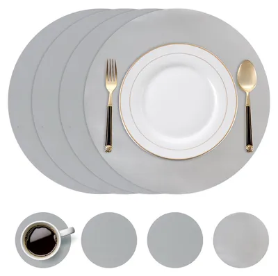 Tischsets aus PU-Leder, 4er-Set, 38 cm, Antirutsch, wasserdicht, Grau Silber