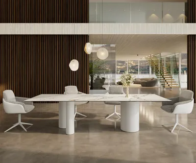 Produktbild von DELIFE Esstisch Edge 300x100 Keramik Calacatta Luxe Weiß-Gold-Grau Troa Metall Weiß