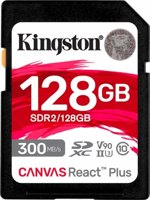Produktbild von Kingston Canvas React Plus Flash-Speicherkarte SDR2/128GB SDXC UHS-II U3 V90, 300 MB/s Lesen, 260 MB/s Schreiben, 4K/8K-Unterstützung, Schwarz, 24 mm x 32 mm x 2.1 mm, Schreibschutzschalter