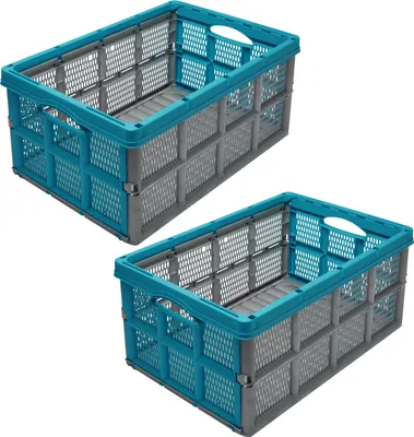 Produktbild von Garronda 2 Stück Transportbox Klappbox Klappkiste Faltbox Faltkiste 51 x 34,5 x 22,5 cm (Grau/Türkis) GD-CRI-FoldBox