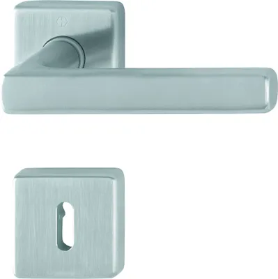 A door handle set and a keyhole escutcheon plate, both with a brushed silver finish, are displayed against a white background.