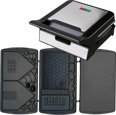 Produktbild von Syntrox Germany Kontaktgrill XXL Plovas – Panini Maker, Elektrogrill mit Keramikbeschichtung, 1800 Watt, abnehmbare Grillplatten (Lebkuchenhaus)