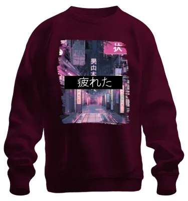 Obrázok produktu pre japonsko Kanji Neon Cyberpunk Anime Aesthetics Tokyo Retro Street Uni mikina, bordová, 3XL