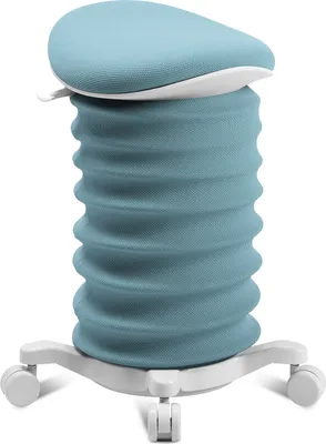 A blue and white ergonomic stool with wheels.