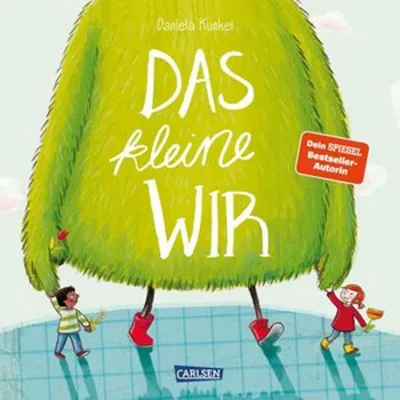 A large, fuzzy green monster is depicted with two small children interacting with it. The scene appears to be from a children's book cover.