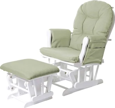 A light green glider chair and ottoman set with a white frame, presented against a white background.