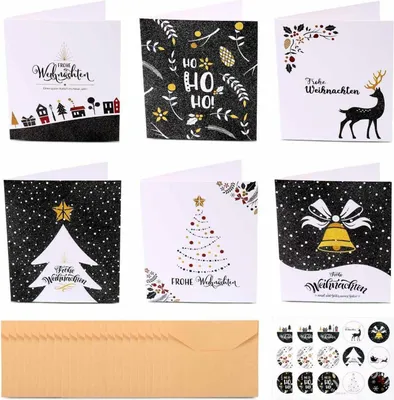 Produktbild von Weihnachtskarten Set 24er mit Umschlägen Aufkleber 6 Designs Klappkarten Weihnachten