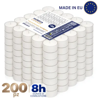 Immagine prodotto di HORECA CANDLES 200 Candele Tealight Bianche 8 Ore, Senza Profumo, Bicchierino Trasparente in Plastica - Lumini per Matrimonio, Feste e Ristoranti