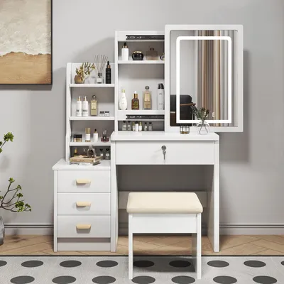 Image de Table de maquillage Clinvia avec miroir LED, 3 modes d'éclairage, 4 tiroirs, tabouret, blanc, 85x36x130 cm