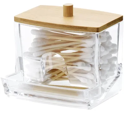 Produktbild von Navaris Wattestäbchen Behälter - Wattestäbchen Spender - Ohrenstäbchen Aufbewahrung mit Bambus Deckel - Ohrstäbchen Organizer - transparent
