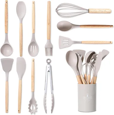 Productafbeelding van Keukengerei - Set van 12 - Hout - Handvat van kunststof - Hittebestendig - Roestvrij - Compact