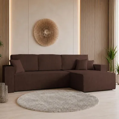 Produktbild von GOLDSTOFF Ecksofa mit Schlaffunktion und Bettkasten | Ecksofa L-Form für Wohnzimmer | Cord Sofa mit Liegefläche 230x147cm | Schlafsofa (Braun)