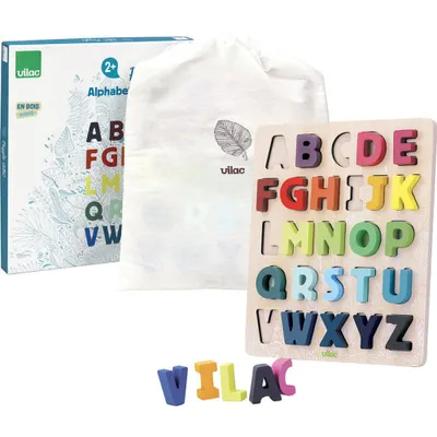 A wooden alphabet puzzle board with individual letter pieces, along with its packaging and a storage bag.