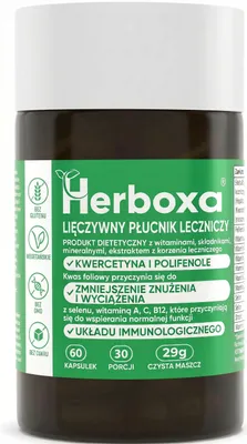 Zdjęcie produktu dla Herboxa LUNGWORT z 550mg miodunki plamistej - Zawiera kwas foliowy, który zmniejsza zmęczenie i znużenie, witaminę C, kwercetynę, ProG-Phen