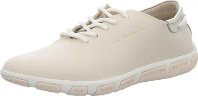 A single beige sneaker is shown from a side angle against a white background.