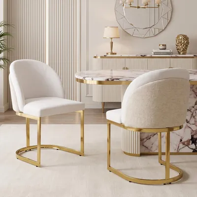 Immagine prodotto di Set di 2 sedie da pranzo Flieks, con gambe placcate in oro, comode, traspiranti, rivestite in tessuto di chenille, ideali per la cucina, imbottite, colore beige e oro