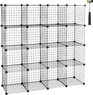 Produktbild von WOLTU Regalsystem Steckregal Regalwürfel Drahtregal individuell aufstellbar 16 Fächer Schwarz aus Drahtgitte 148x37x148 cm (BxHxT)