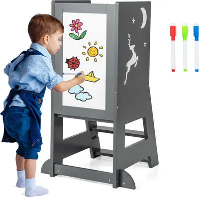 Produktbild von COSTWAY Lernturm Kinder, 2 in 1 Tritthocker Montessori mit 3 verstellbare Höhen, 70 kg Belastbar (Grau)