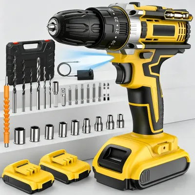 Produktbild von Akku-Schlagbohrschrauber - Schraubendreher-Set - 1350 U/min - 2 Geschwindigkeiten - 25+3 Drehmomentstufen - Bürstenloser Motor - LED-Arbeitslicht - Gelb