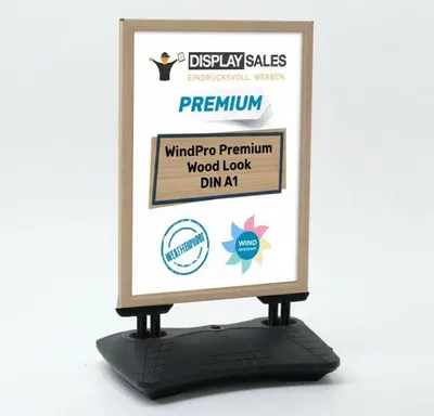 Produktbild von Kundenstopper WindPro® Premium wasserfest DIN A1 – Holzoptik, schwarzer Fuß