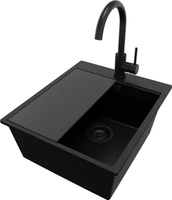Produktbild von PRIMAGRAN Granitspüle Alles Schwarz 43x50cm, Spülbecken 1 Becken + Küchenarmatur 32x20cm + Ablauf-Set + Schneidebrett, Küchenspüle ab 45er Unterschrank - Oslo