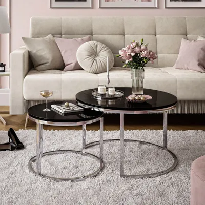 Produktbild von Runder Couchtisch CIRI 2in1 Hochglanz mit Chromuntergestell, Chrom / Schwarz hochglanz