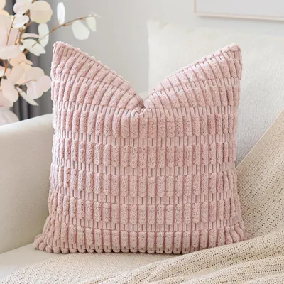 Produktbild von Set mit 1 Kissenbezug im Boho-Streifenmuster, einfarbiger Dekokissenbezug, Sofakissen, 50 x 50 cm, weiches Sofakissen für Wohnzimmer und Schlafzimmer, rosa