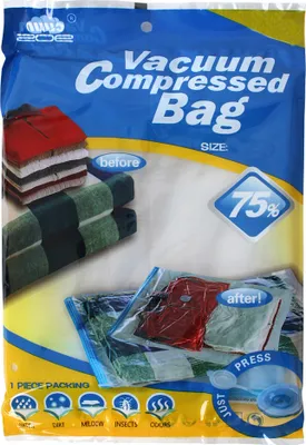 The image shows the packaging of vacuum compressed bags, with illustrations of folded clothes and towels before and after compression.