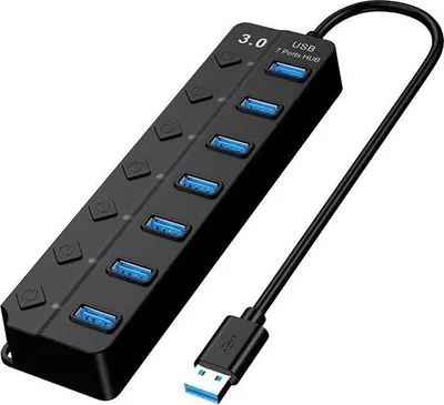 Produktbild von INF 7-Port USB 2.0 Hub mit Schaltern und LEDs – Schwarz, für PC & Laptop