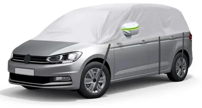 Image de Housse de protection imperméable pour VW Touran, modèles 2015-2024, type demi-abri, couleur argent, en PE Oxford avec doublure en coton