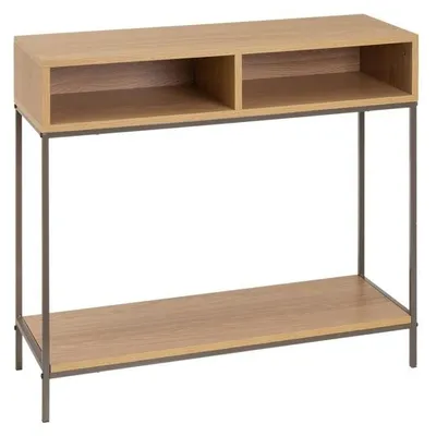 Image de Console avec 2 compartiments et 1 étagère en bois et métal, disponible en naturel et en gris