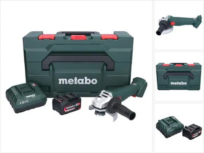 A Metabo angle grinder set with a case, battery, and charger.