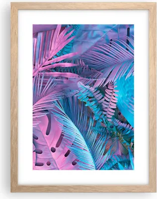 Produktbild von Gerahmtes Poster - Rahmen in heller Eiche - Blätter Rosa Blau - 30x40 cm - Wand Bild - Wanddeko - Wandbilder - Kunstposter - Wandposter - Bilderrahmen - Bilder - Kunstdruck - P2NPA30x40-4401