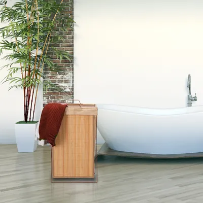 Produktbild von Relaxdays Wäschekorb Bambus, faltbar, 40 l, Metallgestell mit Griffen, Badezimmer, Wäschesammler, HBT: 61x38x22cm, natur