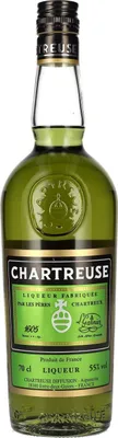 A bottle of Chartreuse liqueur.