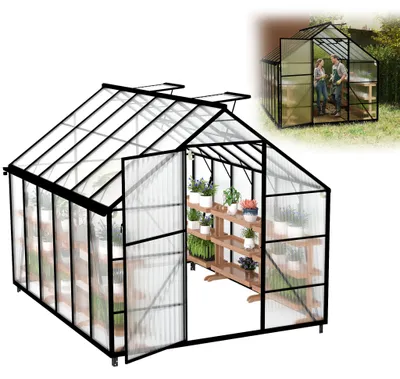 Obrázok produktu pre Skleník XINZI z hliníka 310 x 250 x 205 cm so základom, 4 mm duté dosky z polykarbonátu, odolný voči poveternostným vplyvom a stabilný, skleník na pestovanie paradajok, skleník na pestovanie sadeníc, záhradný skleník