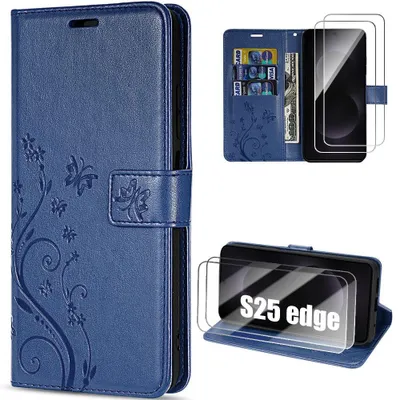 Image de Coque + 2 Verres Trempés pour Samsung Galaxy S25 Edge, Protection Anti-Rayures Synthécuir Relief Floral Bleu Marine