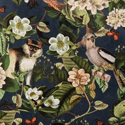 Produktbild von Samtstoff Meterware Dekostoff Italian Velvet Affe Vogel blau