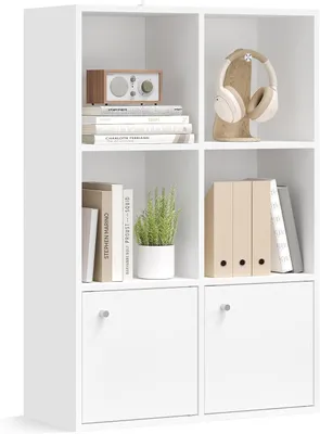 Obrázek produktu pro Knihovna se 3 policemi - Úložná skříňka se 2 dvířky - Materiál: dřevotříska - Rozměry: 65,8 x 29 x 97,8 cm - Barva: bílá