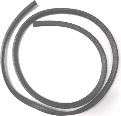 A dark gray braided cord is coiled on a white background.