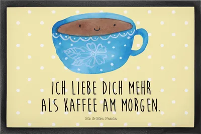 Produktbild von Mr. & Mrs. Panda fußmatte Kaffee Tasse 40 x 60 cm - Gelb Pastell - Geschenk, Schmutzmatte, Bodenvorleger, Schuhabstreifer, Genuss, Lustige Sprüche, Gummimatte, Glücklich