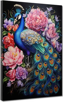 Produktbild von Pfau mit Blumen Leinwandbild Wandbild Kunstdruck XL Wanddeko Wohnzimmer: 60x80x4cm