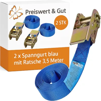 Produktbild von 2x Spanngurt blau mit Ratsche 3,5 Meter – Zurrgurt Ladungssicherung | Abspanngurt 500kg Tragkraft Befestigungsriemen