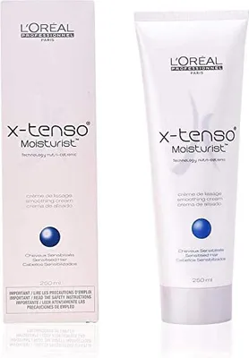 A box and a tube of L'Oréal Professionnel X-Tenso Moisturist Smoothing Cream are shown side-by-side against a white background.