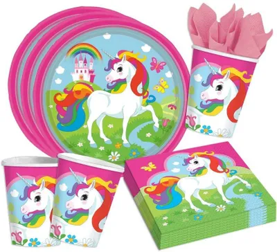 Produktbild von Einhorn Teller Becher Servietten Partyset für 8 Kinder