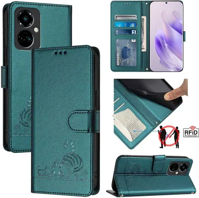 Produktbild von Leder Hülle für Tecno Camon 19 Pro 5G Süße Katze Flip Case Brieftasche Schutzhülle mit Standfunktion Grün