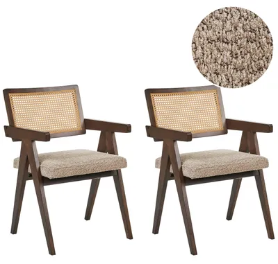 Produktbild von BELIANI Esszimmerstuhl 2er Set Braun u. Taupe Holz mit Bouclé Sitzfläche Teddyfell Optik Wiener Geflecht Rückenlehne Küchenstühle Retro Stil